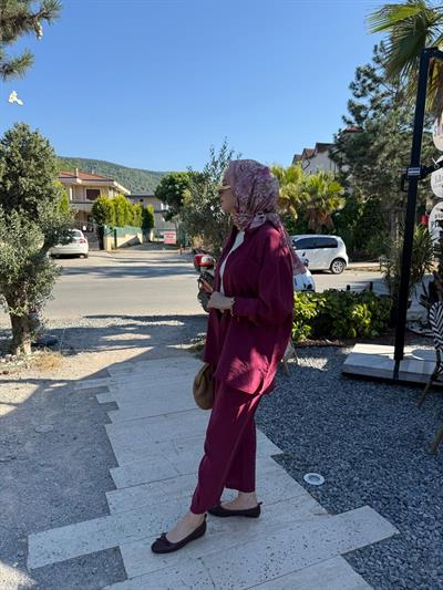 Nuss Çift Cep Detaylı Pantolonlu Takım  1046 Bordo