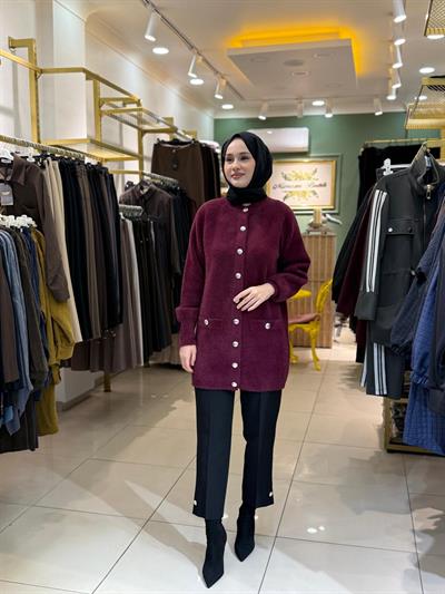 Nuss Düğme Detaylı Angora Hırka 7008 Bordo
