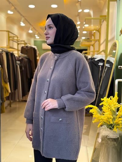 Nuss Düğme Detaylı Angora Hırka 7008 Füme