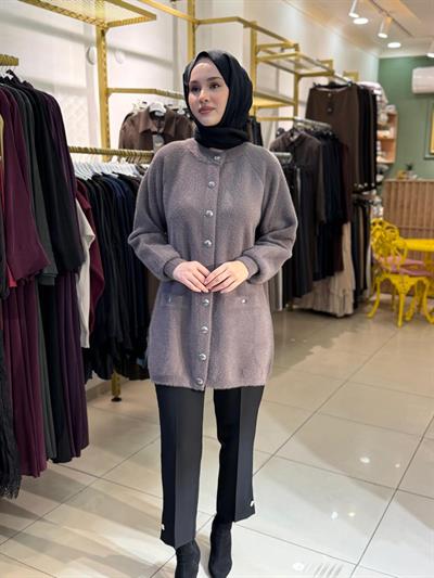 Nuss Düğme Detaylı Angora Hırka 7008 Füme