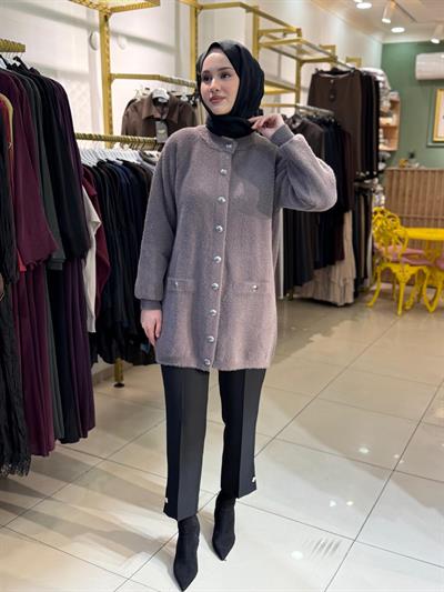 Nuss Düğme Detaylı Angora Hırka 7008 Füme