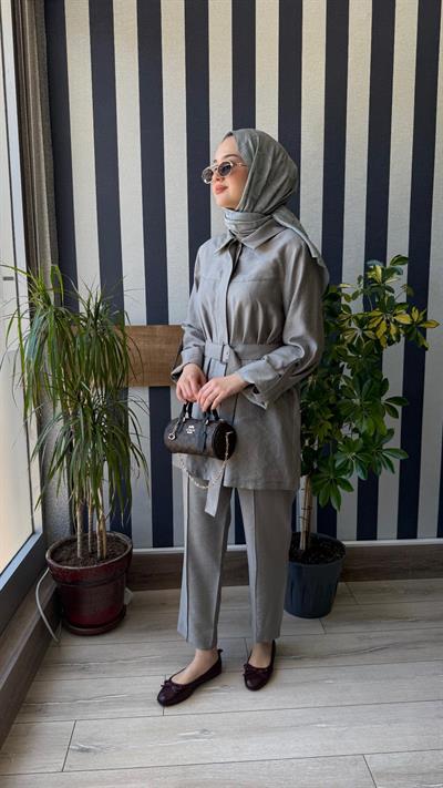Nuss Kemer Detay Pantalonlu Takım 1050 Gri