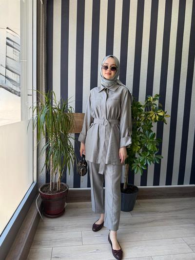 Nuss Kemer Detay Pantalonlu Takım 1050 Gri