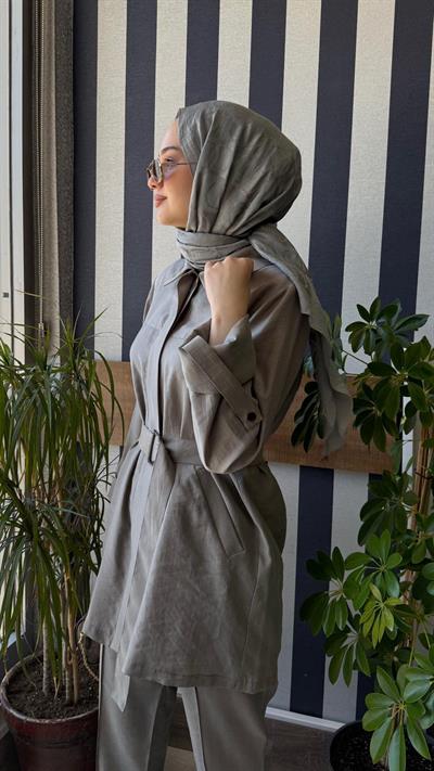 Nuss Kemer Detay Pantalonlu Takım 1050 Gri