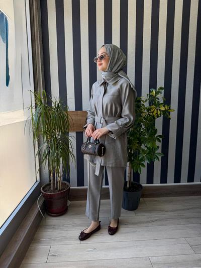Nuss Kemer Detay Pantalonlu Takım 1050 Gri