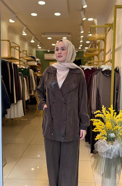 Nuss Yaka Boncuk İşleme Detay Takım 1018 Kahverengi
