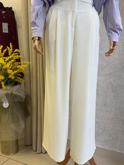 Sentez 5638 Eyfer Geniş Paça Pileli Pantolon Ekru