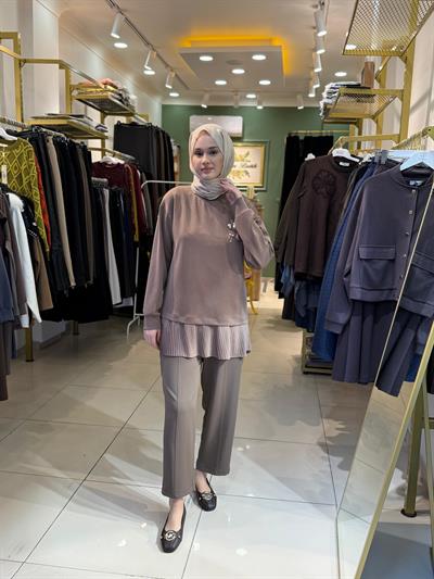 Sentez Elegance Beli Lastikli Dar Paça Pantolon vizon