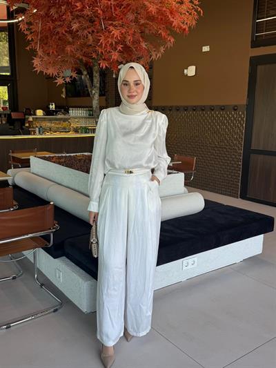 Miori Bois Taşlanmış İpek Pantolonlu Takım Ekru