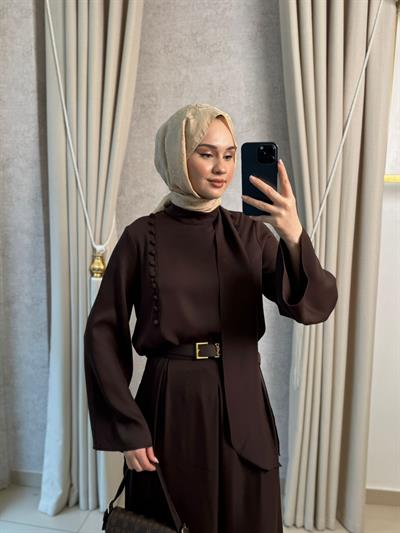 Miori Misse Brit Düğmeli  Pantolonlu Takım Kahverengi