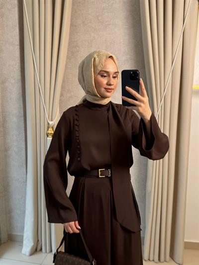 Miori Misse Brit Düğmeli  Pantolonlu Takım Kahverengi