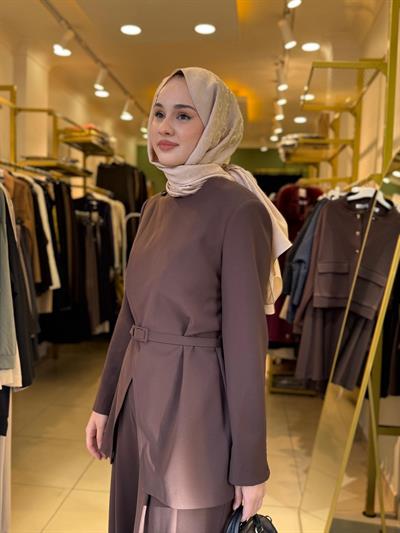 Miori Revia Ceket Pantolon Krep Takım Kahverengi