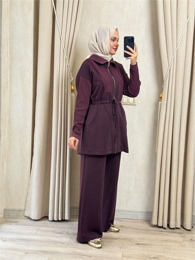NUSS 1047 Ribana Detaylı Beli Büzgülü Takım Mürdüm