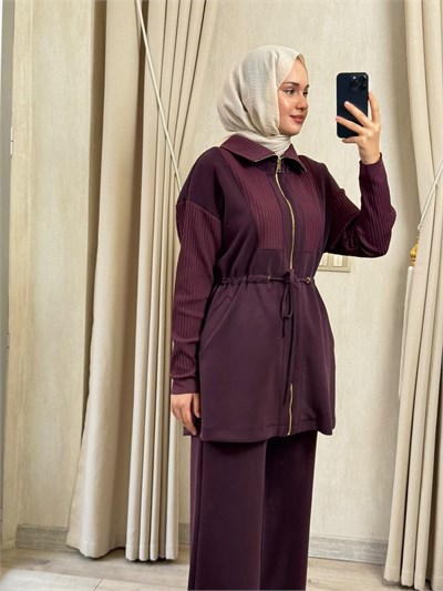 NUSS 1047 Ribana Detaylı Beli Büzgülü Takım Mürdüm