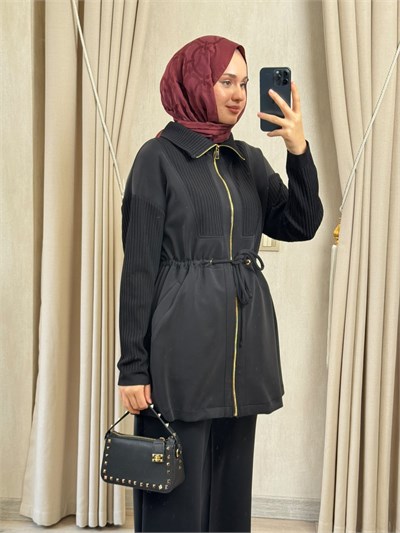 NUSS 1047 Ribana Detaylı Beli Büzgülü Takım Siyah