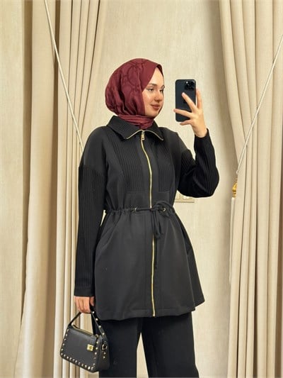 NUSS 1047 Ribana Detaylı Beli Büzgülü Takım Siyah