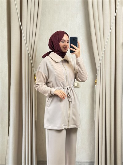 NUSS 1047 Ribana Detaylı Beli Büzgülü Takım Taş