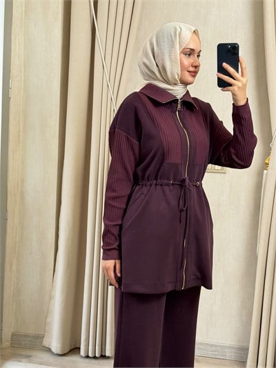 NUSS 1047 Ribana Detaylı Beli Büzgülü Takım Mürdüm