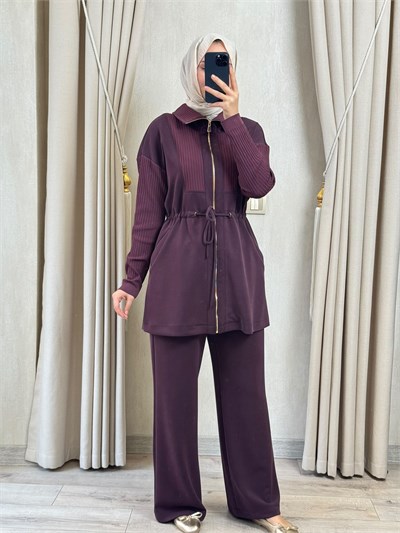 NUSS 1047 Ribana Detaylı Beli Büzgülü Takım Mürdüm