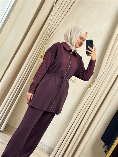 NUSS 1047 Ribana Detaylı Beli Büzgülü Takım Mürdüm