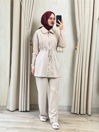 NUSS 1047 Ribana Detaylı Beli Büzgülü Takım Taş