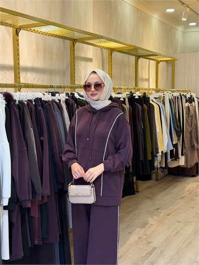 NUSS 1051 Gümüş Şerit Detaylı Pantolonlu Takım Mürdüm