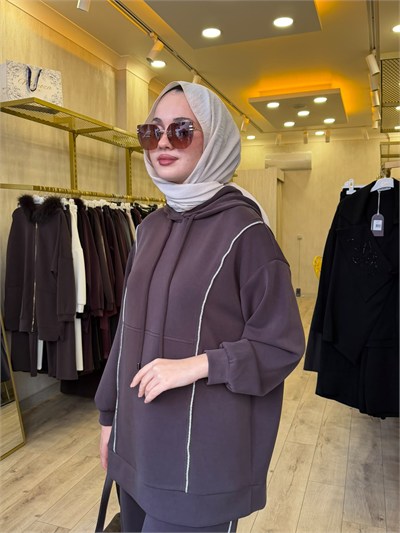 NUSS 1051 Gümüş Şerit Detaylı Pantolonlu Takım Kahverengi