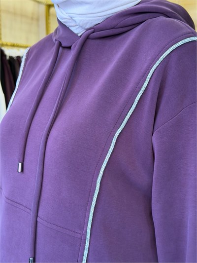NUSS 1051 Gümüş Şerit Detaylı Pantolonlu Takım Mürdüm