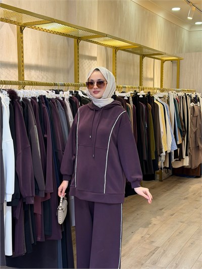 NUSS 1051 Gümüş Şerit Detaylı Pantolonlu Takım Mürdüm