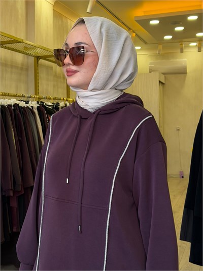 NUSS 1051 Gümüş Şerit Detaylı Pantolonlu Takım Mürdüm