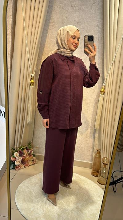 Nuss 1055 Çizgili Pantolonlu Takım MÜRDÜM