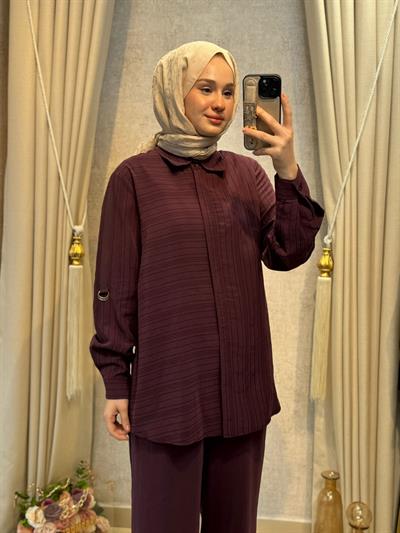 Nuss 1055 Çizgili Pantolonlu Takım MÜRDÜM