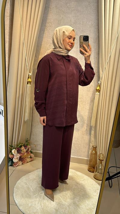 Nuss 1055 Çizgili Pantolonlu Takım MÜRDÜM