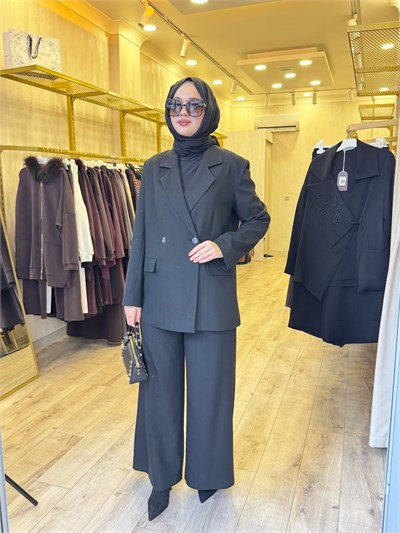 NUSS 1061 Taş Baskılı Ceket Takım Siyah