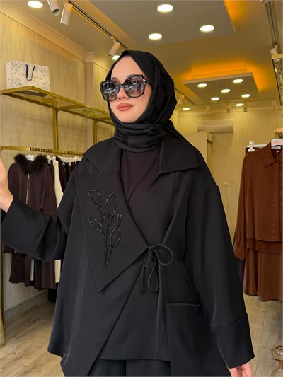 NUSS 1063 Yaka İşleme Detaylı Takım Siyah