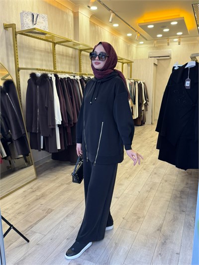 NUSS 1072 Fermuar Detaylı Kapüşonlu  Takım Siyah