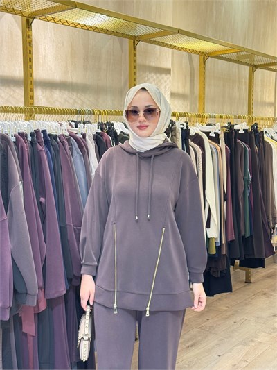 NUSS 1072 Fermuar Detaylı Kapüşonlu  Takım Kahverengi