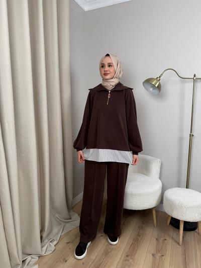 Nuss 1075 Gömlek Detay Gemici Yaka Pantolonlu Takım Kahverengi