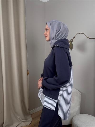 Nuss 1075 Gömlek Detay Gemici Yaka Pantolonlu Takım Lacivert