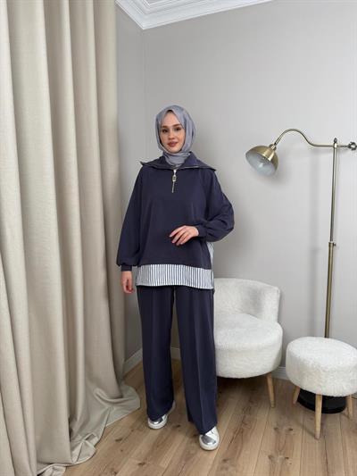 Nuss 1075 Gömlek Detay Gemici Yaka Pantolonlu Takım Lacivert