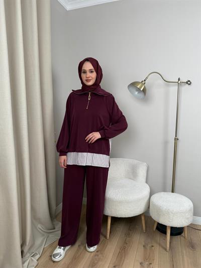 Nuss 1075 Gömlek Detay Gemici Yaka Pantolonlu Takım MÜRDÜM