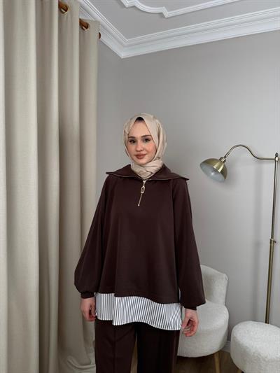 Nuss 1075 Gömlek Detay Gemici Yaka Pantolonlu Takım Kahverengi