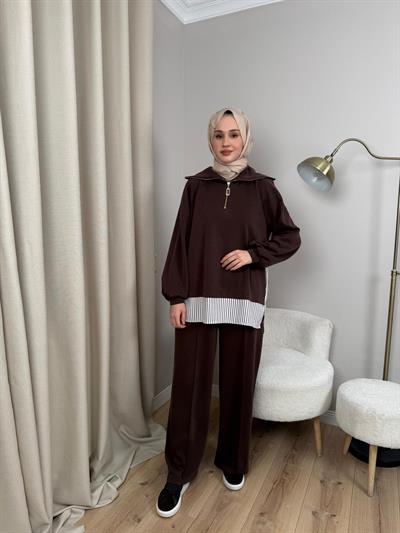 Nuss 1075 Gömlek Detay Gemici Yaka Pantolonlu Takım Kahverengi