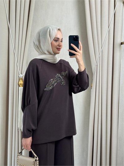 Nuss 1077 Önü Boncuk işlemeli Takım Kahverengi