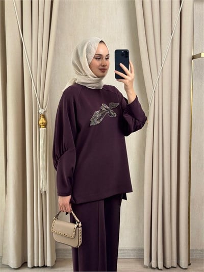 Nuss 1077 Önü Boncuk işlemeli Takım Mürdüm