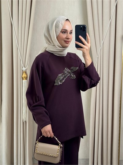 Nuss 1077 Önü Boncuk işlemeli Takım Mürdüm