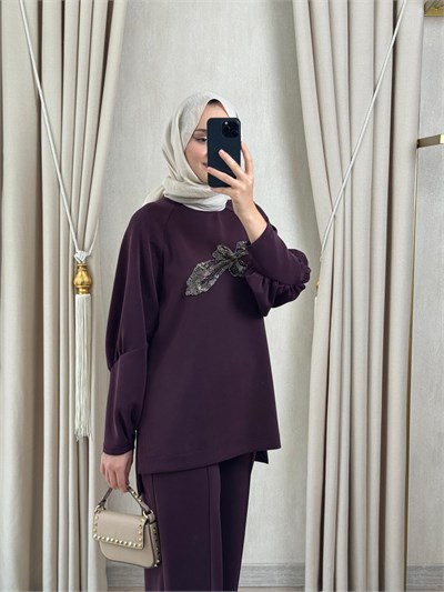 Nuss 1077 Önü Boncuk işlemeli Takım Mürdüm