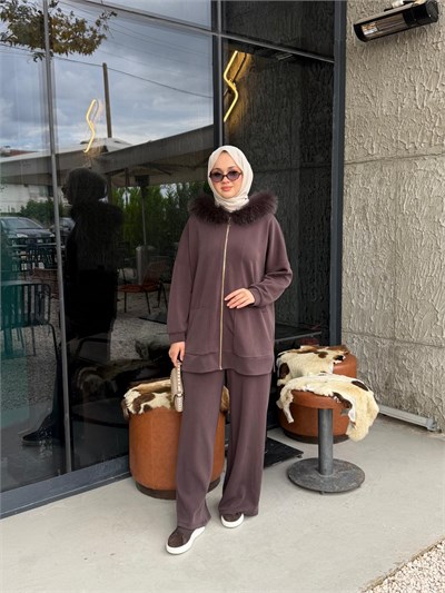 NUSS 1078 Kürk Detay Takım Kahverengi