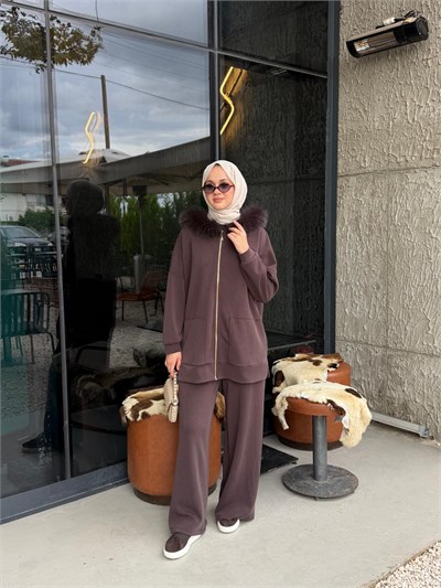 NUSS 1078 Kürk Detay Takım Kahverengi