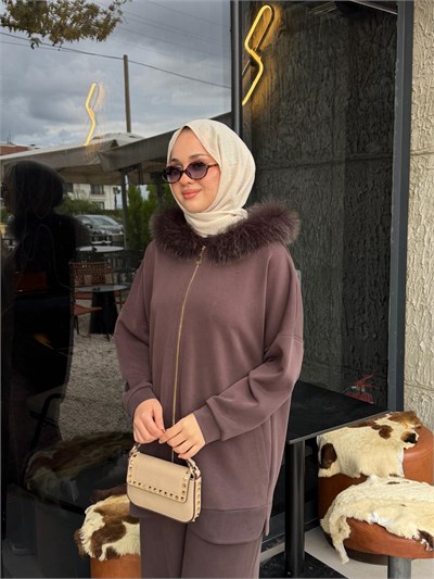 NUSS 1078 Kürk Detay Takım Kahverengi